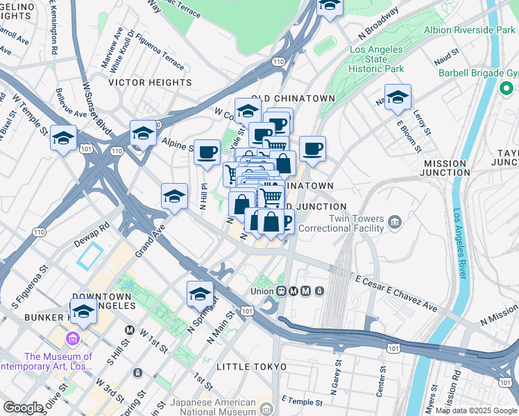 map of restaurants, bars, coffee shops, grocery stores, and more near 702 North Broadway in Los Angeles