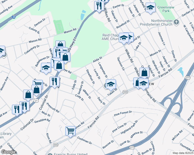 map of restaurants, bars, coffee shops, grocery stores, and more near 1627 Levity St in Columbia