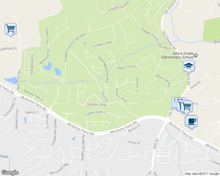 map of restaurants, bars, coffee shops, grocery stores, and more near 7870 Royal Melbourne Way in Duluth