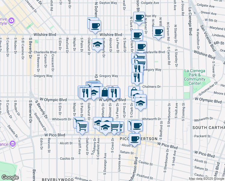 map of restaurants, bars, coffee shops, grocery stores, and more near 344 South Almont Drive in Beverly Hills