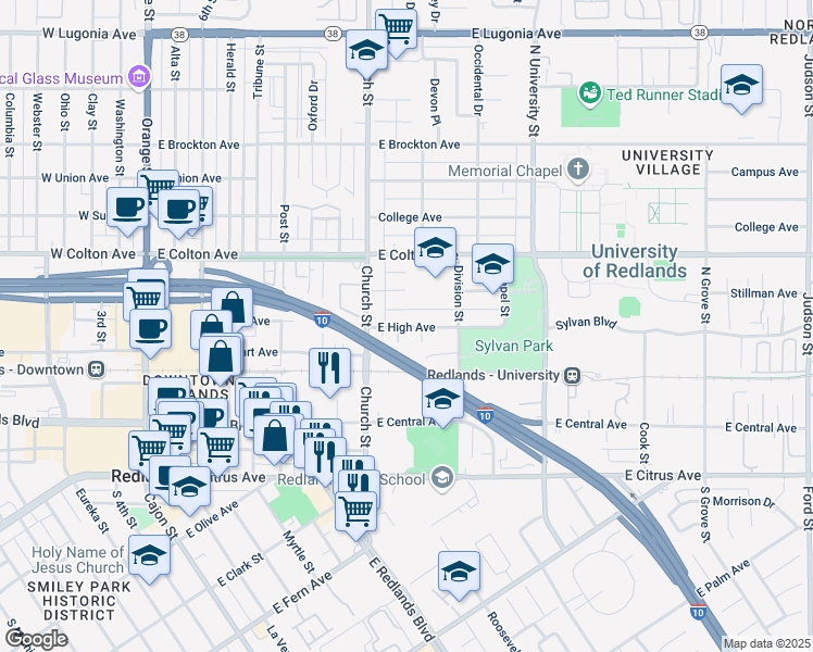map of restaurants, bars, coffee shops, grocery stores, and more near 815 East High Avenue in Redlands