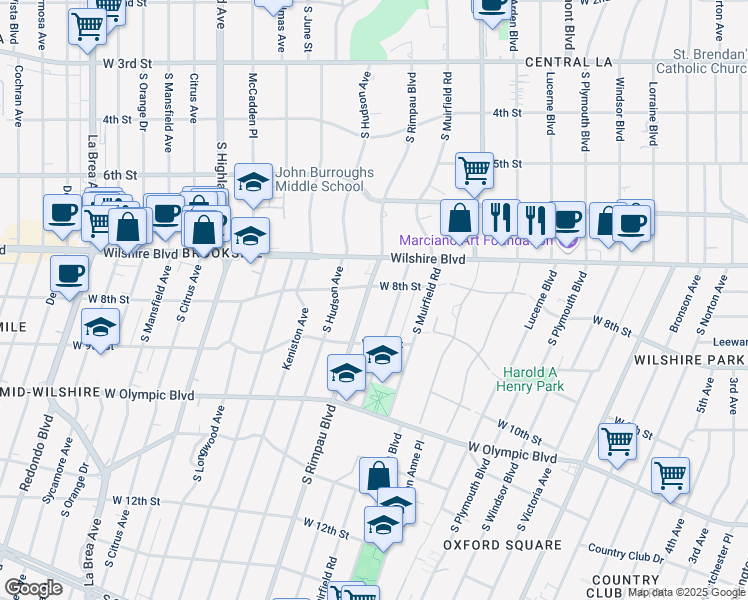map of restaurants, bars, coffee shops, grocery stores, and more near 814 South Rimpau Boulevard in Los Angeles