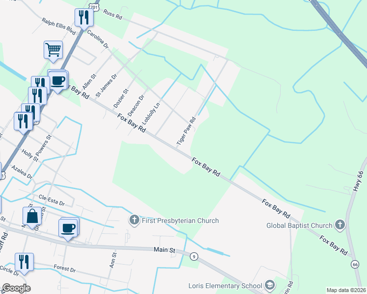 map of restaurants, bars, coffee shops, grocery stores, and more near 481 State Road S-26-570 in Loris