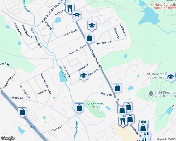 map of restaurants, bars, coffee shops, grocery stores, and more near 136 Crestland Drive in Columbia