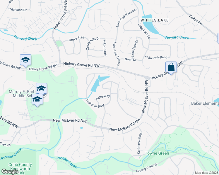 map of restaurants, bars, coffee shops, grocery stores, and more near 4541 Columbus Circle in Acworth