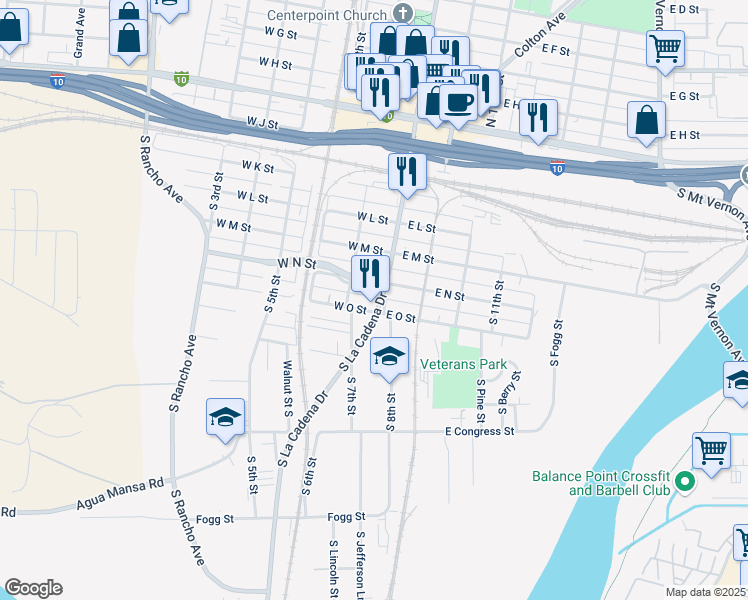 map of restaurants, bars, coffee shops, grocery stores, and more near 455 South La Cadena Drive in Colton