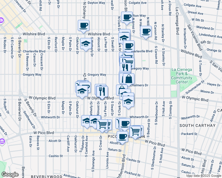 map of restaurants, bars, coffee shops, grocery stores, and more near 345 South Swall Drive in Beverly Hills