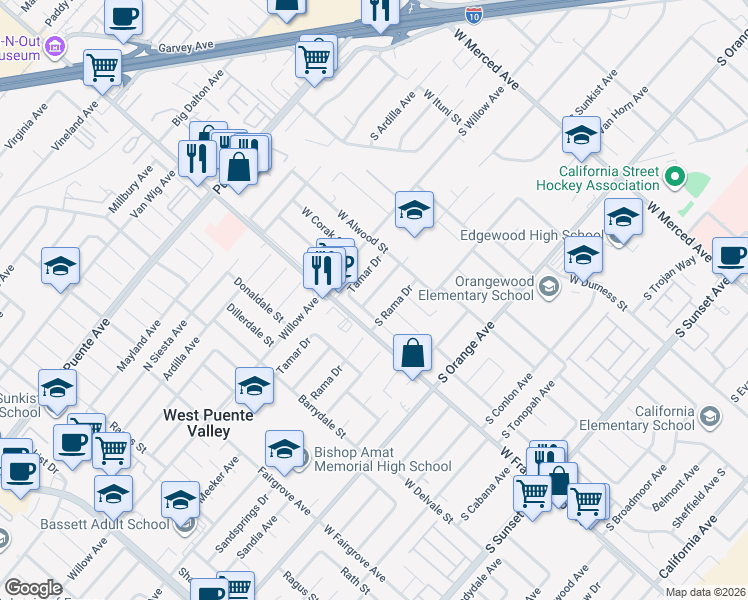 map of restaurants, bars, coffee shops, grocery stores, and more near 1646 South Meeker Avenue in West Covina