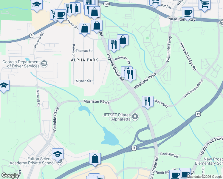 map of restaurants, bars, coffee shops, grocery stores, and more near 11500 Haynes Bridge Road in Alpharetta