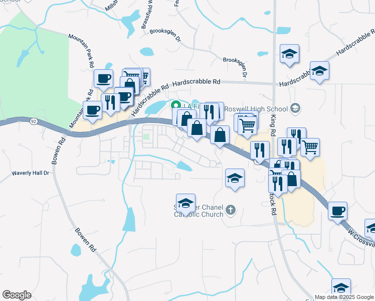 map of restaurants, bars, coffee shops, grocery stores, and more near 3703 Waters Edge Trail in Roswell