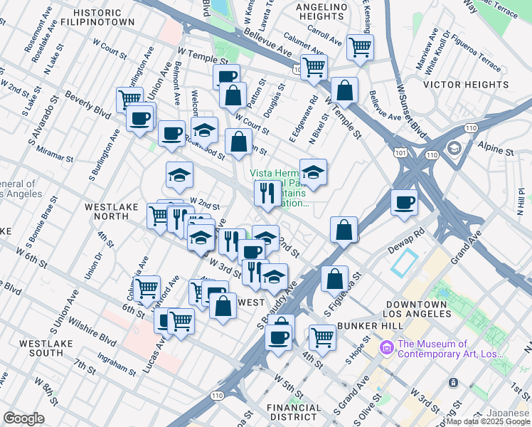 map of restaurants, bars, coffee shops, grocery stores, and more near 1282 West 2nd Street in Los Angeles