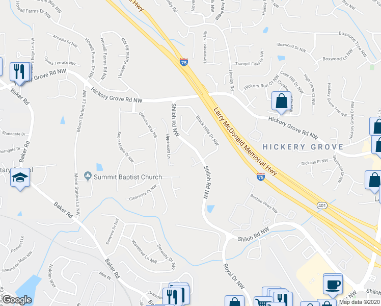 map of restaurants, bars, coffee shops, grocery stores, and more near 2026 Lippencott Place in Acworth