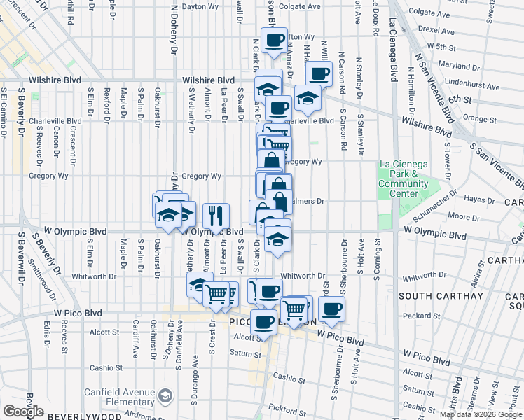 map of restaurants, bars, coffee shops, grocery stores, and more near 344 South Clark Drive in Beverly Hills