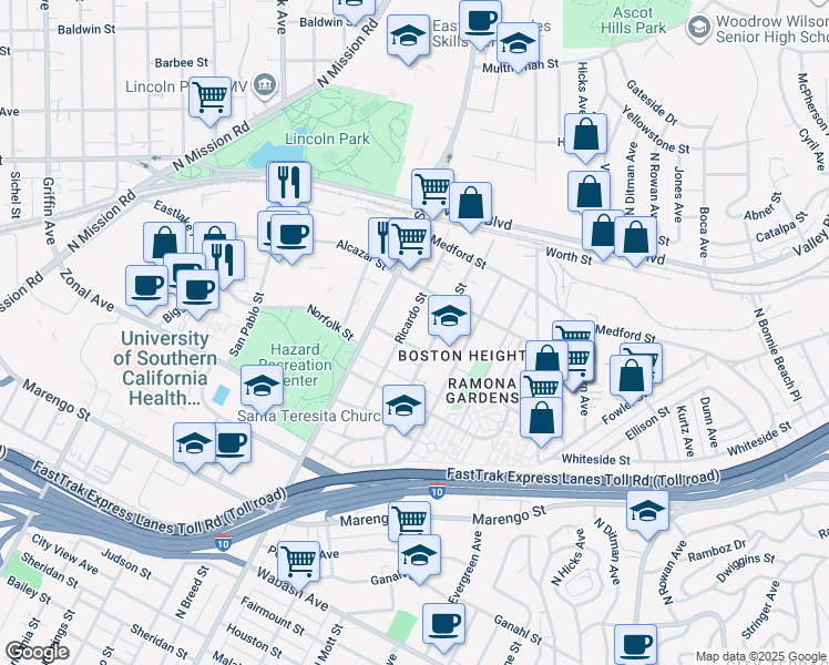 map of restaurants, bars, coffee shops, grocery stores, and more near Ricardo Street in Los Angeles