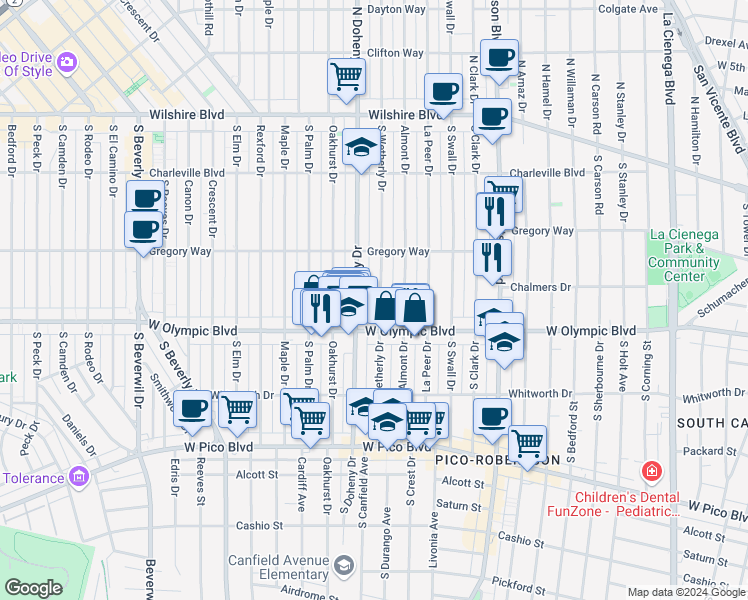 map of restaurants, bars, coffee shops, grocery stores, and more near 345 South Wetherly Drive in Beverly Hills