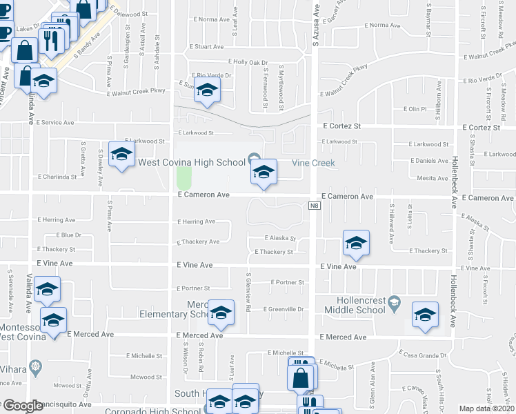 map of restaurants, bars, coffee shops, grocery stores, and more near 1637 Aspen Village Way in West Covina