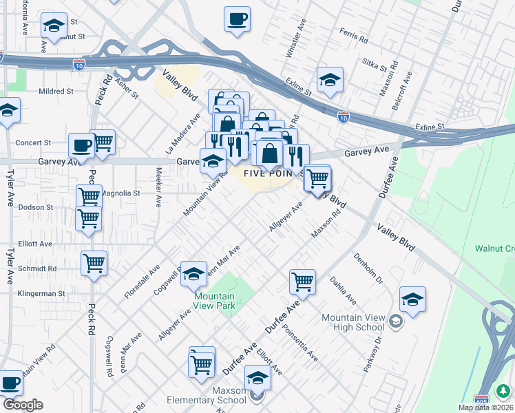 map of restaurants, bars, coffee shops, grocery stores, and more near 2916 Cogswell Road in El Monte