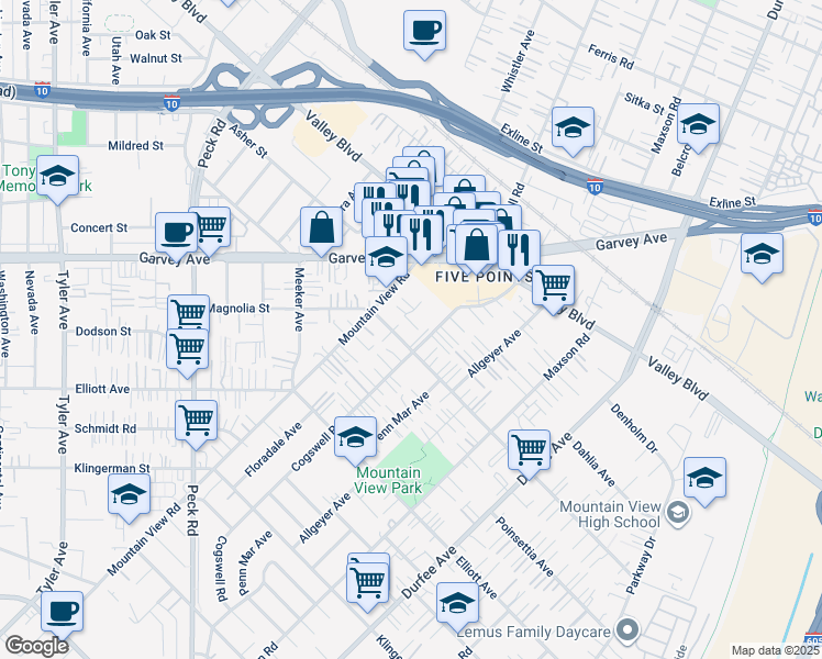 map of restaurants, bars, coffee shops, grocery stores, and more near 11951 Magnolia Street in El Monte