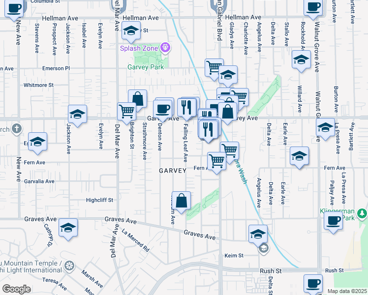 map of restaurants, bars, coffee shops, grocery stores, and more near 2654 Falling Leaf Avenue in Rosemead