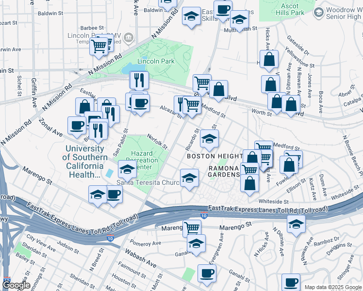 map of restaurants, bars, coffee shops, grocery stores, and more near 2409 Norfolk Street in Los Angeles