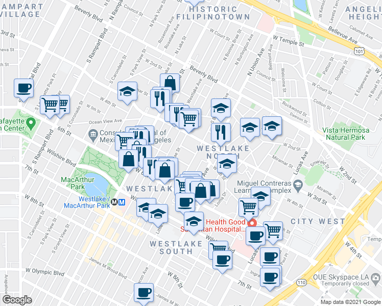 map of restaurants, bars, coffee shops, grocery stores, and more near 1822 West 4th Street in Los Angeles