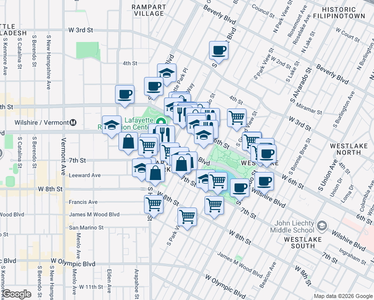 map of restaurants, bars, coffee shops, grocery stores, and more near 2515 Wilshire Boulevard in Los Angeles