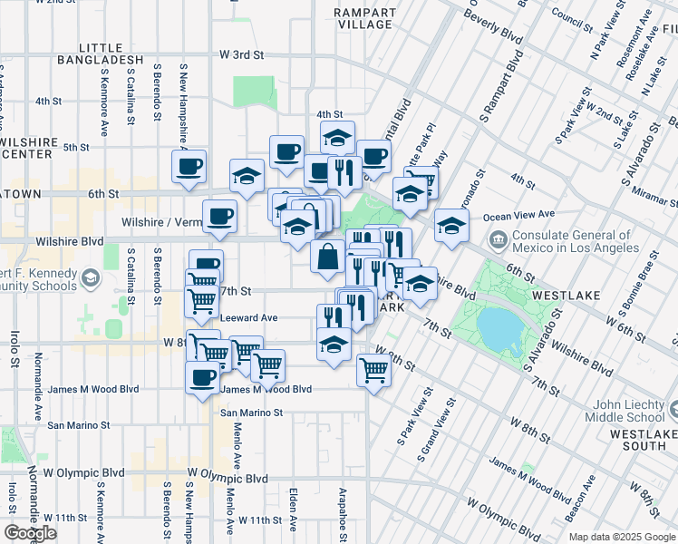 map of restaurants, bars, coffee shops, grocery stores, and more near 2832 Sunset Place in Los Angeles