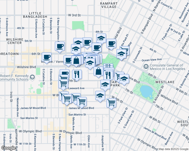 map of restaurants, bars, coffee shops, grocery stores, and more near 2900 Sunset Place in Los Angeles
