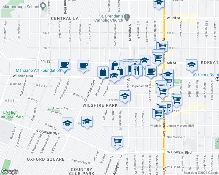 map of restaurants, bars, coffee shops, grocery stores, and more near 680 South Norton Avenue in Los Angeles
