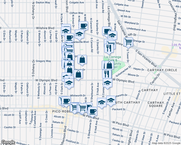 map of restaurants, bars, coffee shops, grocery stores, and more near 910 South Bedford Street in Los Angeles