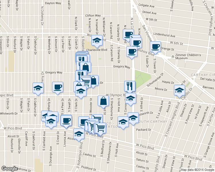 map of restaurants, bars, coffee shops, grocery stores, and more near 910 South Bedford Street in Los Angeles