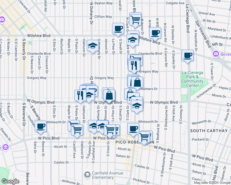 map of restaurants, bars, coffee shops, grocery stores, and more near 345 South Swall Drive in Beverly Hills