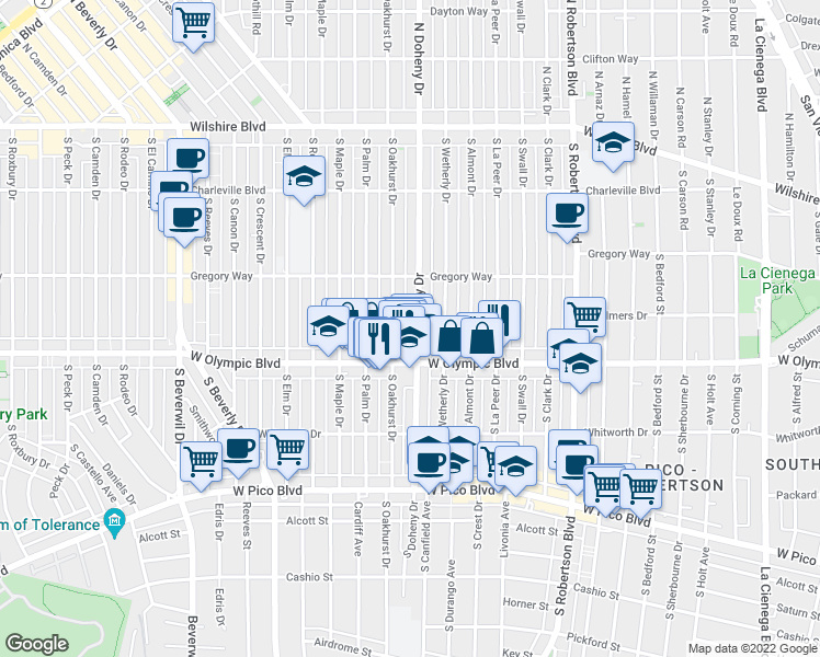 map of restaurants, bars, coffee shops, grocery stores, and more near 344 South Oakhurst Drive in Beverly Hills