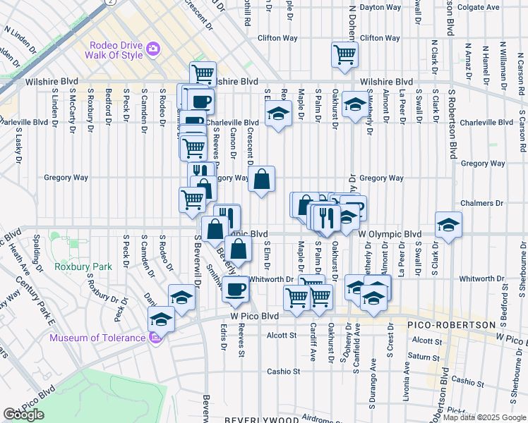 map of restaurants, bars, coffee shops, grocery stores, and more near 345 South Elm Drive in Beverly Hills