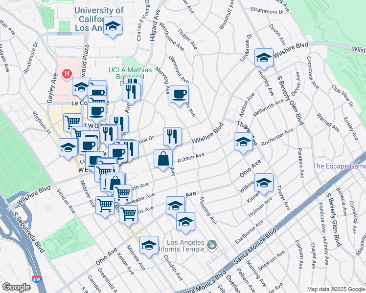 map of restaurants, bars, coffee shops, grocery stores, and more near 10724 Wilshire Boulevard in Los Angeles