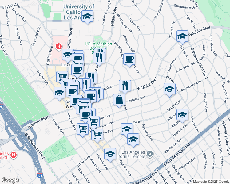 map of restaurants, bars, coffee shops, grocery stores, and more near 10763 Wilshire Boulevard in Los Angeles