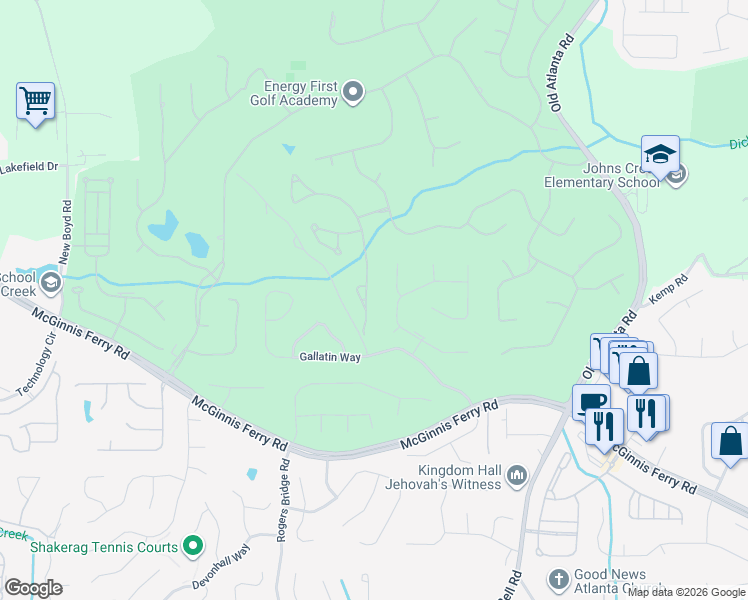 map of restaurants, bars, coffee shops, grocery stores, and more near 7870 Royal Melbourne Way in Duluth