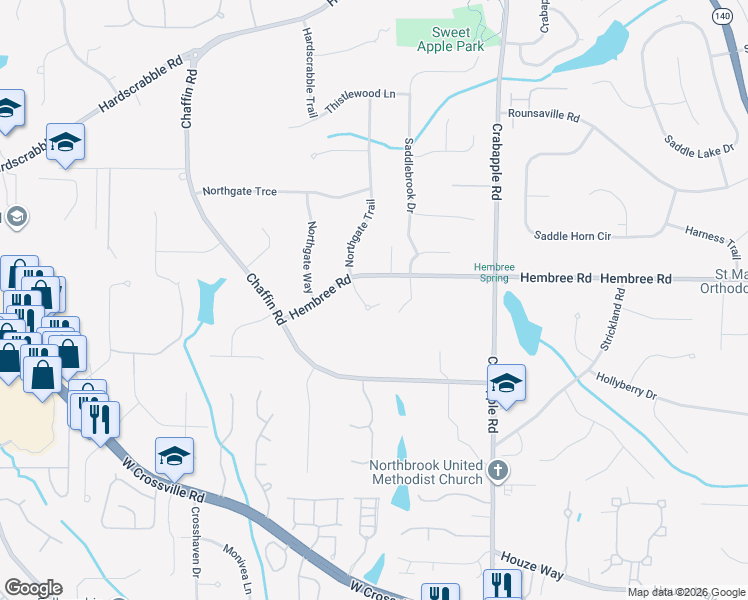 map of restaurants, bars, coffee shops, grocery stores, and more near 105 Northgate Court in Roswell