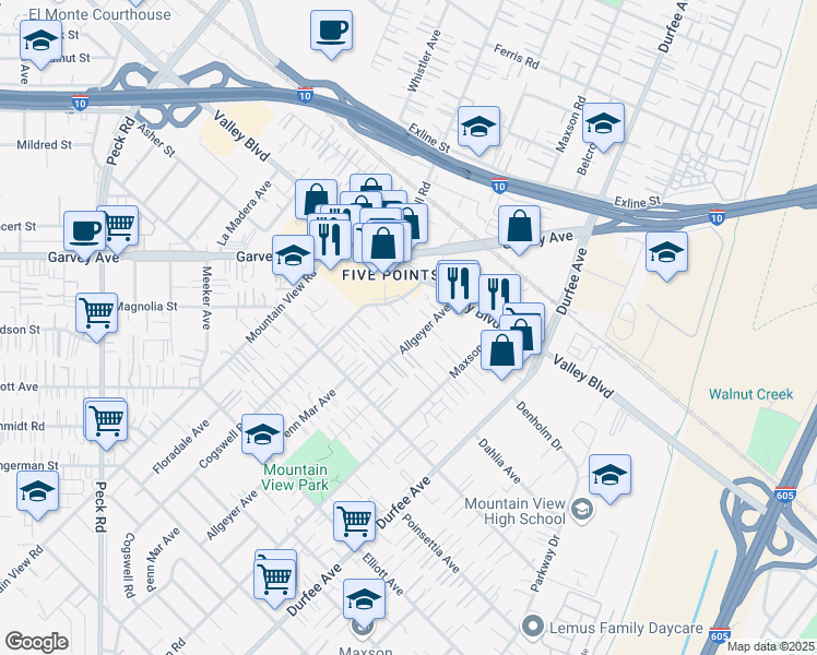 map of restaurants, bars, coffee shops, grocery stores, and more near 2941 Allgeyer Avenue in El Monte
