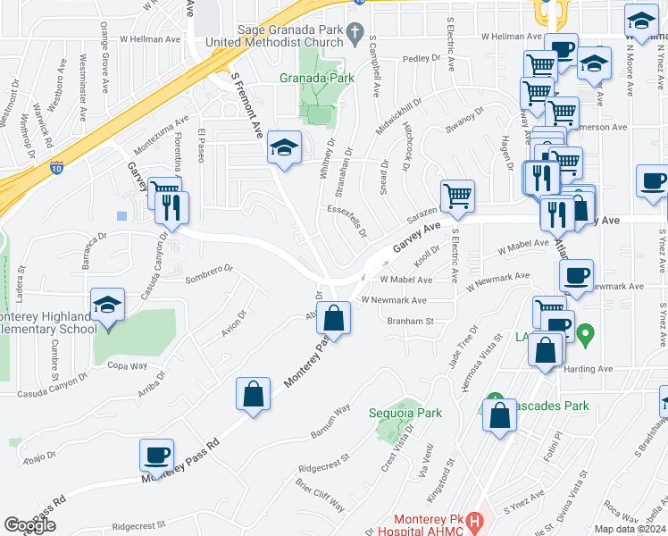 map of restaurants, bars, coffee shops, grocery stores, and more near 2661 Whitney Drive in Alhambra