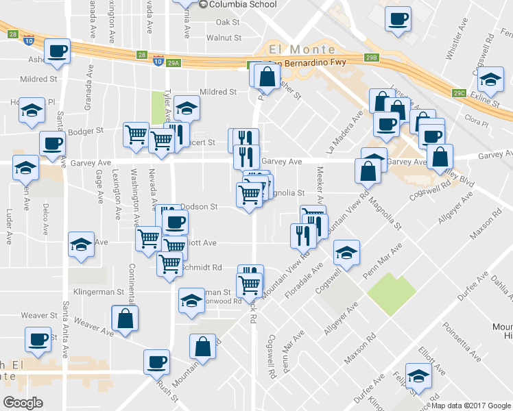 map of restaurants, bars, coffee shops, grocery stores, and more near 2710 Peck Road in El Monte