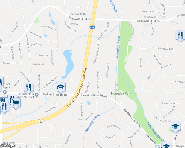map of restaurants, bars, coffee shops, grocery stores, and more near 4350 Nesbin Drive Northeast in Kennesaw