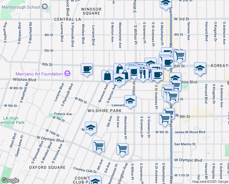 map of restaurants, bars, coffee shops, grocery stores, and more near 680 South Norton Avenue in Los Angeles