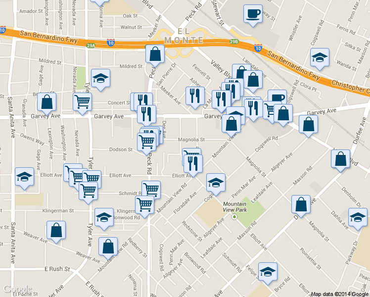 map of restaurants, bars, coffee shops, grocery stores, and more near 2710 Musgrove Avenue in El Monte
