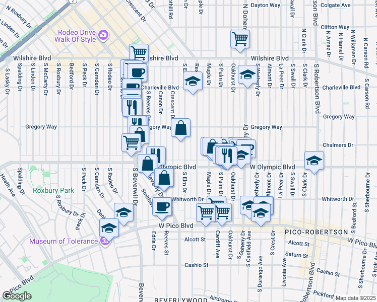 map of restaurants, bars, coffee shops, grocery stores, and more near 344 South Elm Drive in Beverly Hills