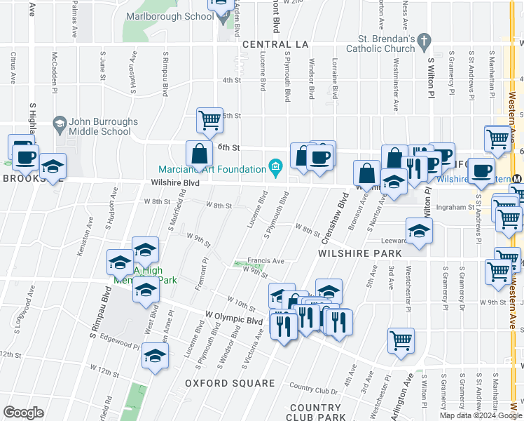 map of restaurants, bars, coffee shops, grocery stores, and more near 742 South Lucerne Boulevard in Los Angeles