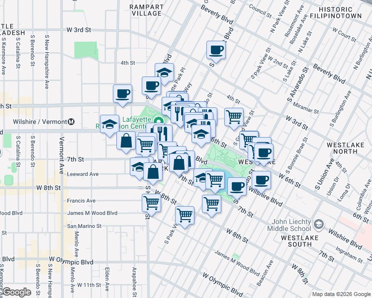 map of restaurants, bars, coffee shops, grocery stores, and more near 2515 Wilshire Boulevard in Los Angeles