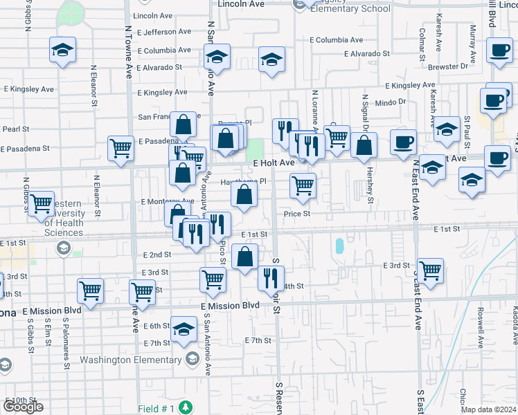 map of restaurants, bars, coffee shops, grocery stores, and more near 850 East Monterey Avenue in Pomona