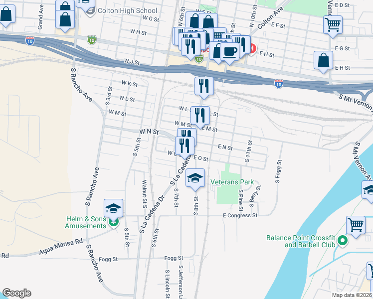 map of restaurants, bars, coffee shops, grocery stores, and more near 455 South La Cadena Drive in Colton