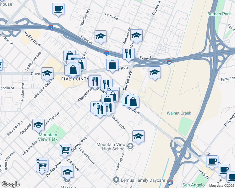 map of restaurants, bars, coffee shops, grocery stores, and more near 12233 Valley Boulevard in El Monte